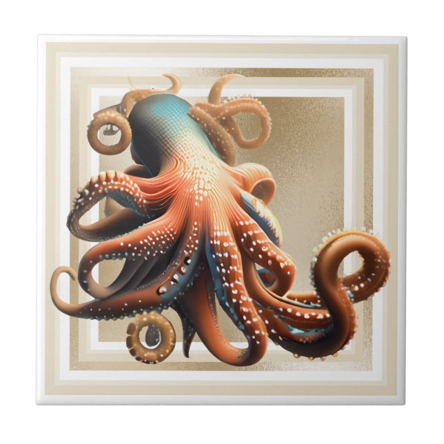 Octopus blue orange 3D nautical gold beach chic Ceramic Tile (Front)