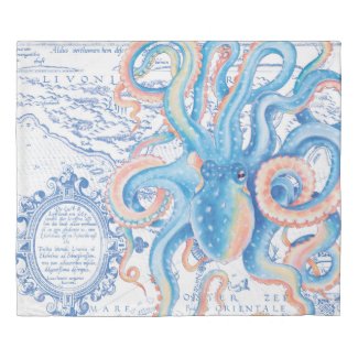 Octopus Blue Vintage Map Chic Watercolor
