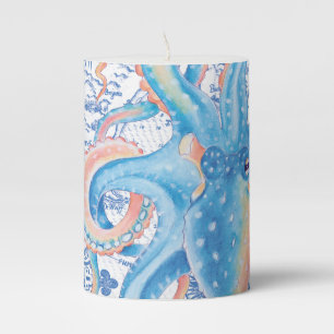 Octopus Blue Vintage Map Chic Watercolor Pillar Candle