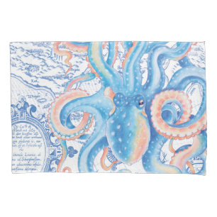 Octopus Blue Vintage Map Chic Watercolor Pillow Case