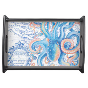 Octopus Blue Vintage Map Chic Watercolor Serving Tray
