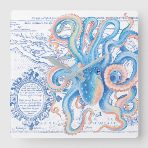Octopus Blue Vintage Map Chic Watercolor Square Wall Clock