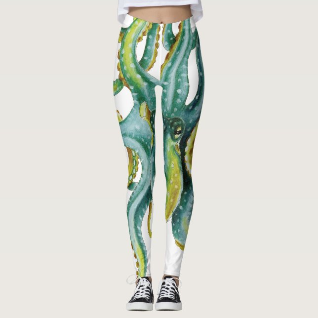 Octopus Blue  Watercolor Art Leggings (Front)