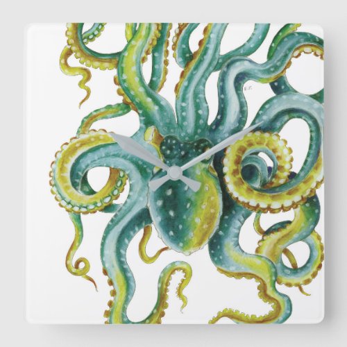 Octopus Blue  Watercolor Art Square Wall Clock