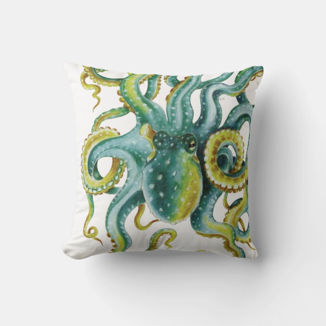 Octopus Blue  Watercolor Art Throw Pillow (Front)