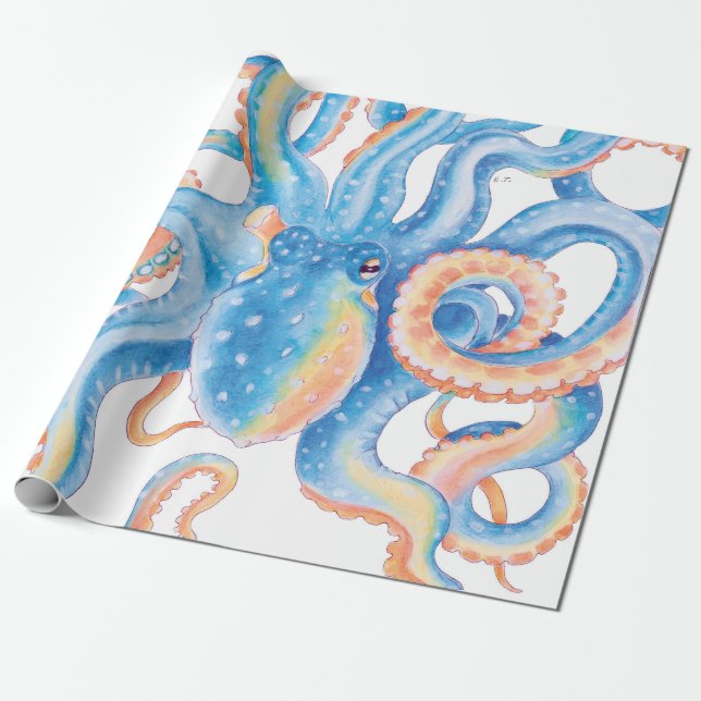 Octopus Blue Watercolor Art Wrapping Paper (Unrolled)