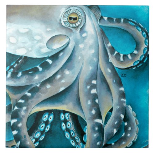 Octopus Blue Watercolor Detail Ceramic Tile