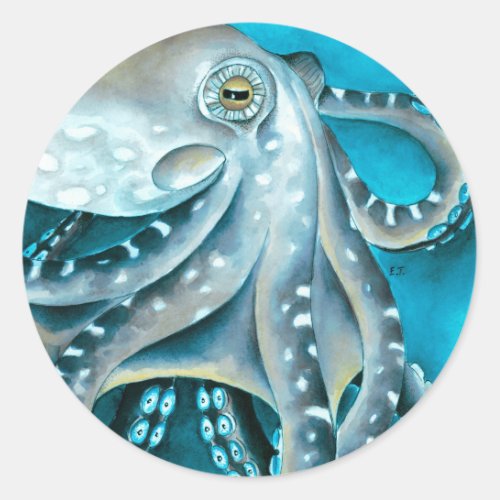 Octopus Blue Watercolor Detail Classic Round Sticker