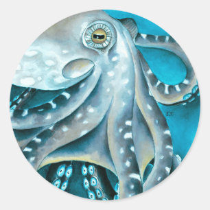 Octopus Blue Watercolor Detail Classic Round Sticker