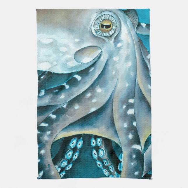 Octopus Blue Watercolor Detail Kitchen Towel (Vertical)