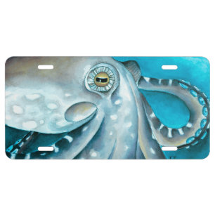Octopus Blue Watercolor Detail License Plate