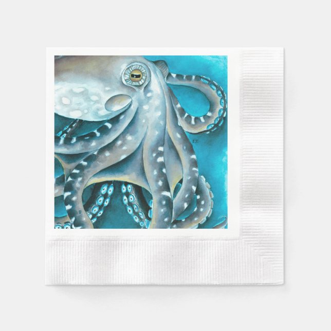 Octopus Blue Watercolor Detail Napkins (Front)