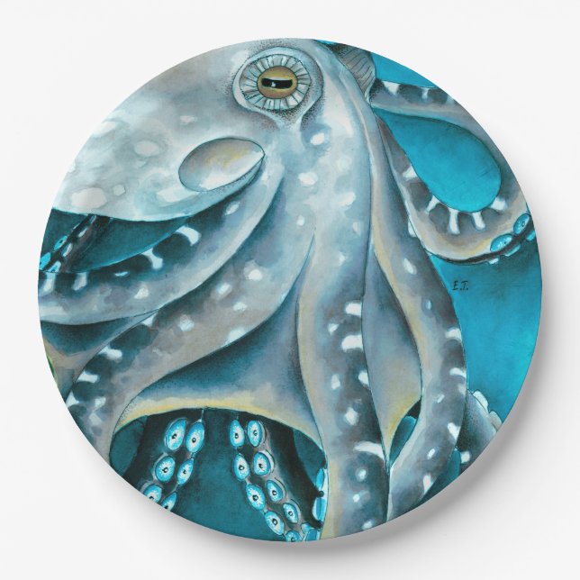 Octopus Blue Watercolor Detail Paper Plates (Front)
