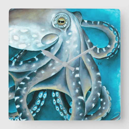Octopus Blue Watercolor Detail Square Wall Clock