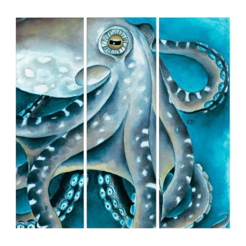 Octopus Blue Watercolor Detail Triptych