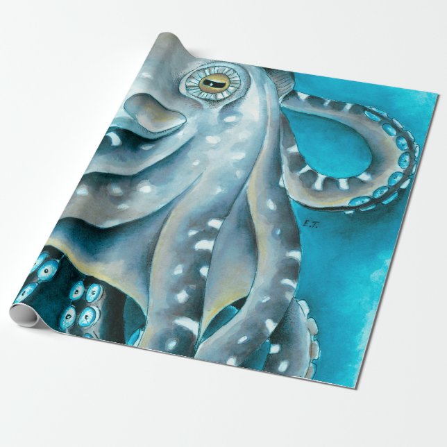 Octopus Blue Watercolor Detail Wrapping Paper (Unrolled)