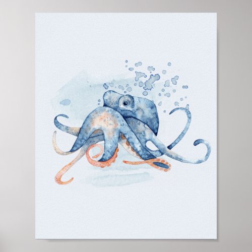 Octopus Blue Watercolor Ocean Themed Sea Poster