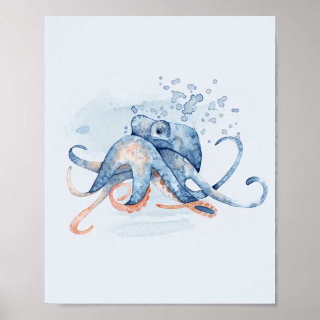 Octopus Blue Watercolor Ocean Themed Sea Poster (Front)