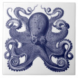Octopus Blue & White Ceramic Tile<br><div class="desc">This is a digitally enhanced print of a vintage octopus ocean marine under sea life blue and white art. You can customize the background color.</div>