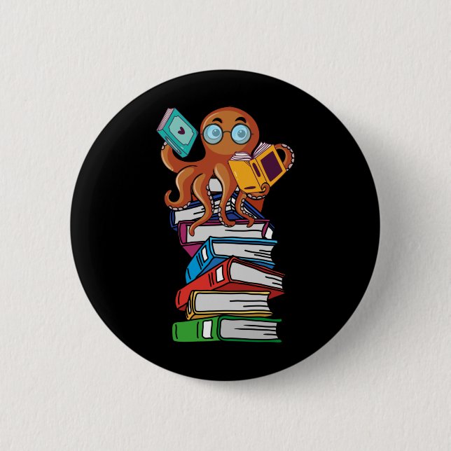Octopus Book Reading Kraken Library Humor Reader Button (Front)