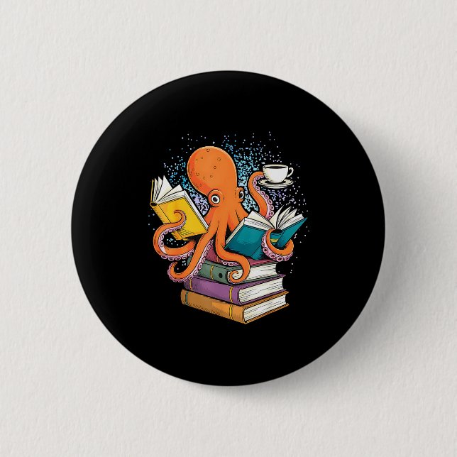 Octopus book reading reader ocean funny  button (Front)