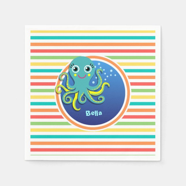 Octopus; Bright Rainbow Stripes Napkins (Front)