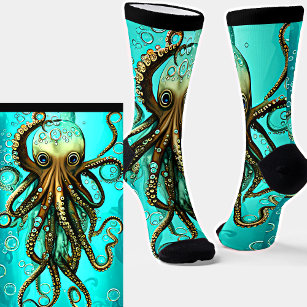 Octopus & Bubbles in Aqua Ocean on  Black Socks