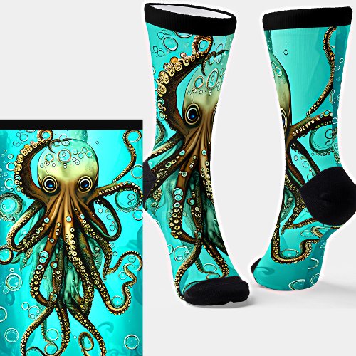 Octopus  Bubbles in Aqua Ocean on  Black Socks