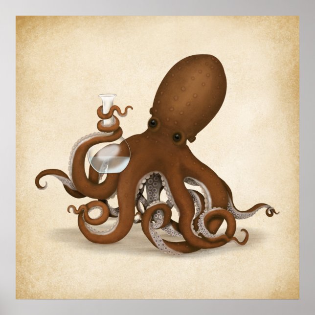 Octopus Chemist Holding Glass Flask Steampunk Lab Poster (Front)