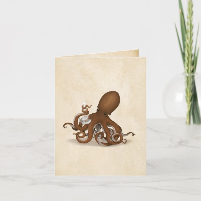 Octopus & Chemistry Flask Personalizable Parchment Note Card (Front)