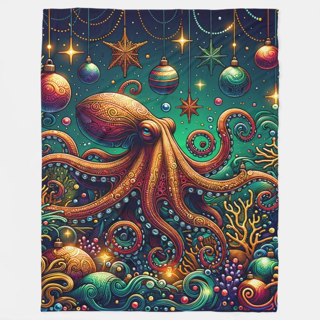 “Octopus Christmas Decorating Wonderland” Fleece Blanket (Front)