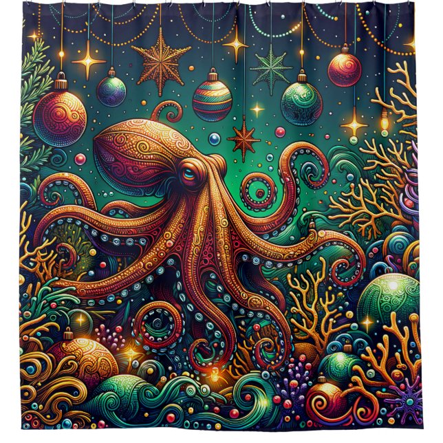 “Octopus Christmas Decorating Wonderland” Shower Curtain (Front)