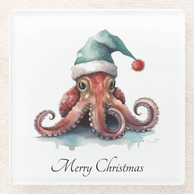 Octopus Christmas Joy, custom Glass Coaster (Front)