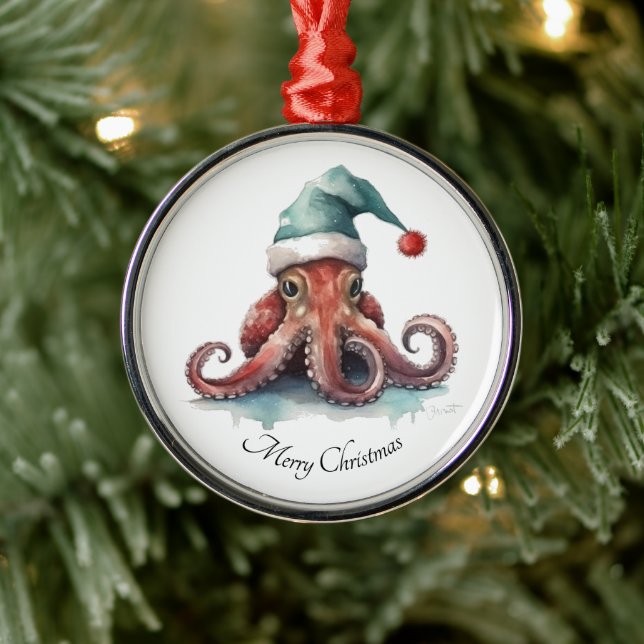 Octopus Christmas Joy, custom Metal Ornament (Tree)