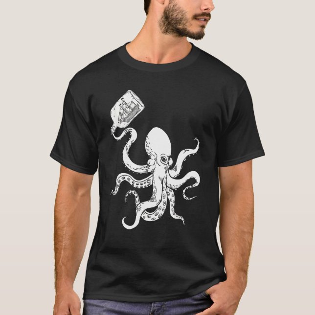 Octopus Clipper Ship In Bottle Tattoo Pirate Ship  T-Shirt (Front)
