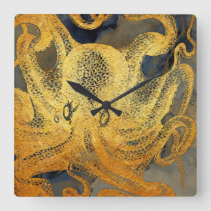 Octopus Clock Vintage Gold Black Watercolor