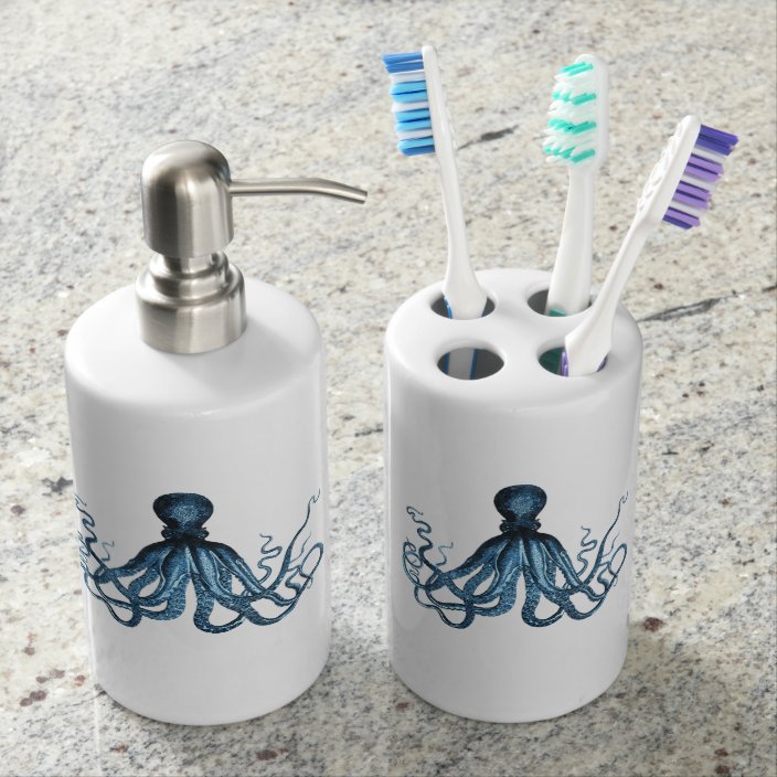 Octopus Coastal Ocean Beach Nautical Blue White Bathroom Set Zazzle Com