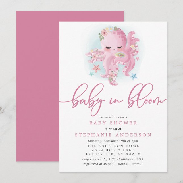 Octopus Cute Pink Baby In Bloom Baby Shower Invitation (Front/Back)