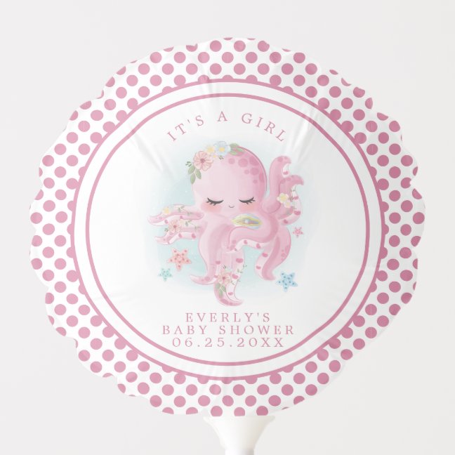 Octopus Cute Pink Watercolor Girl Baby Shower Balloon