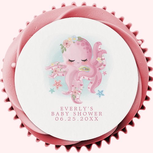 Octopus Cute Pink Watercolor Girl Baby Shower Edible Frosting Rounds