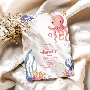 Octopus Cute Pink Watercolor Girl   Baby Shower Invitation