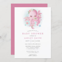 Octopus Cute Pink Watercolor Girl Baby Shower Invitation