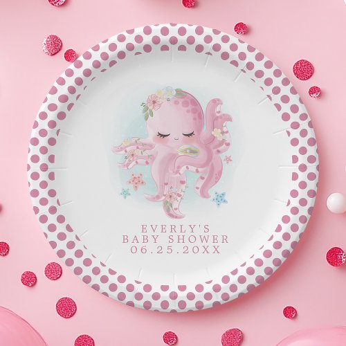 Baby Shower Tableware 6 Octopus Cute Pink Watercolor Girl Baby Shower Paper Plates