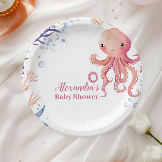 Octopus Cute Pink Watercolor Girl Paper Plates (Creator Uploaded)