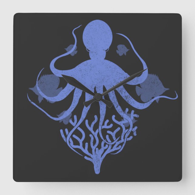 Octopus (dark background) square wall clock (Front)