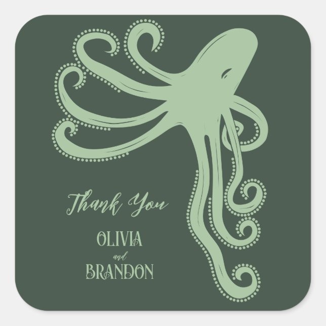 Octopus Deep Sea Modern Wedding, Green Square Sticker (Front)