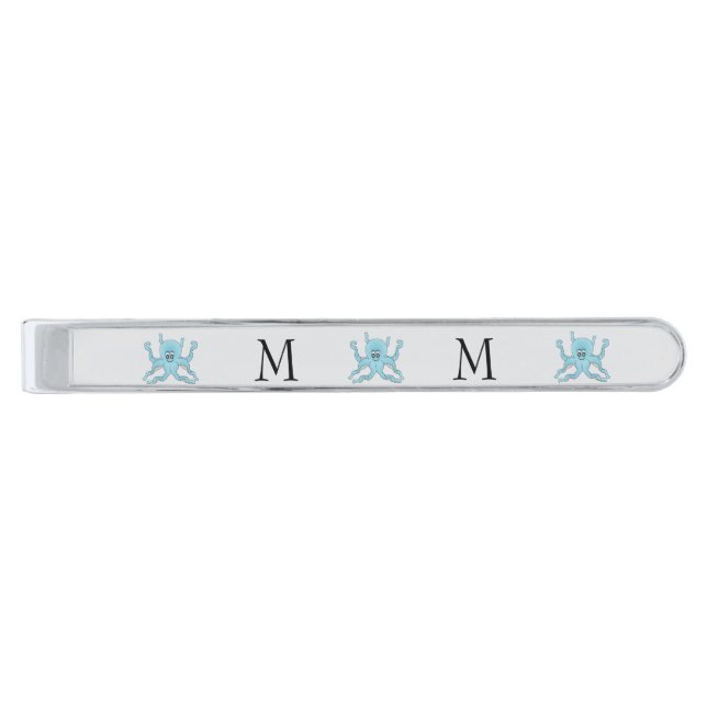 Octopus Design Monogrammed Silver Finish Tie Bar (Front)