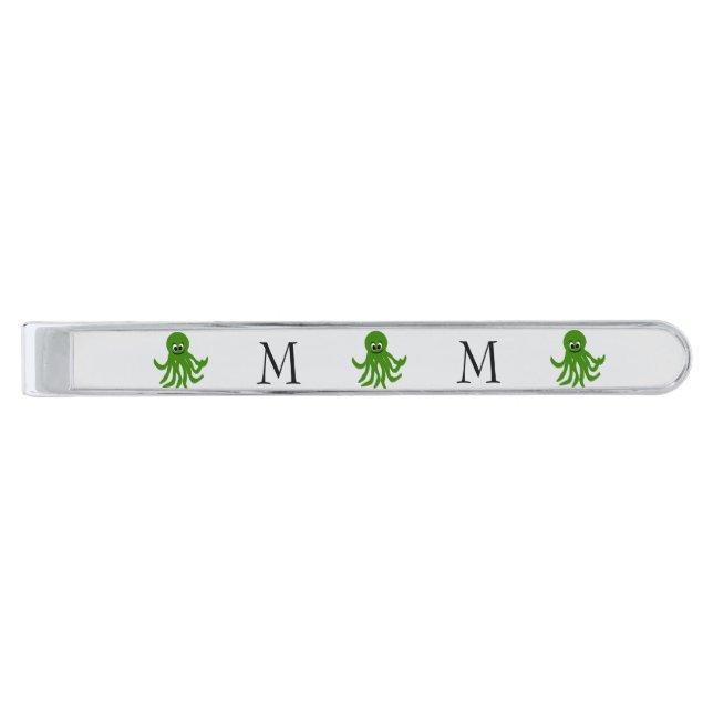 Octopus Design Monogrammed Silver Finish Tie Bar (Front)