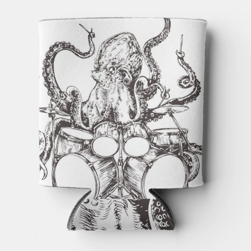 Octopus Drummer Vintage Sketch Print Can Cooler