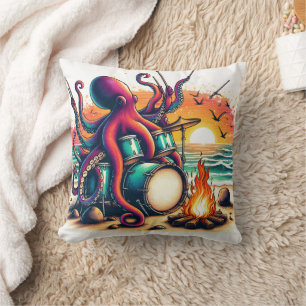 Octopus Drumming at Sunset by the Ocean Shore Throw Pillow